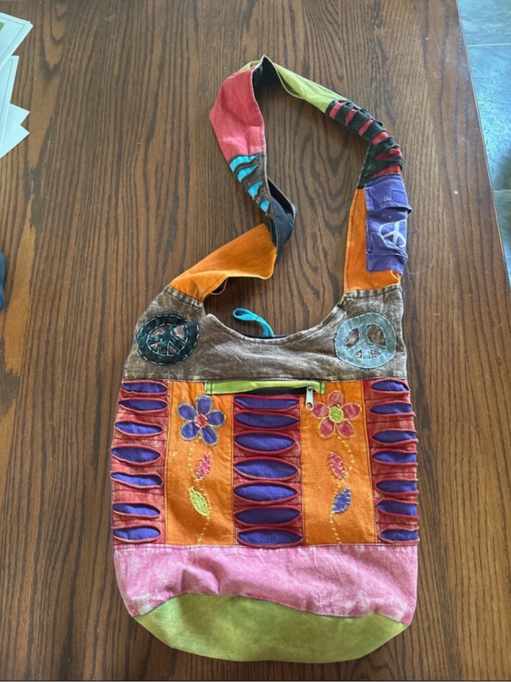Handcrafted Multicolor Boho Crossbody Bag - Orange, Pink & Green